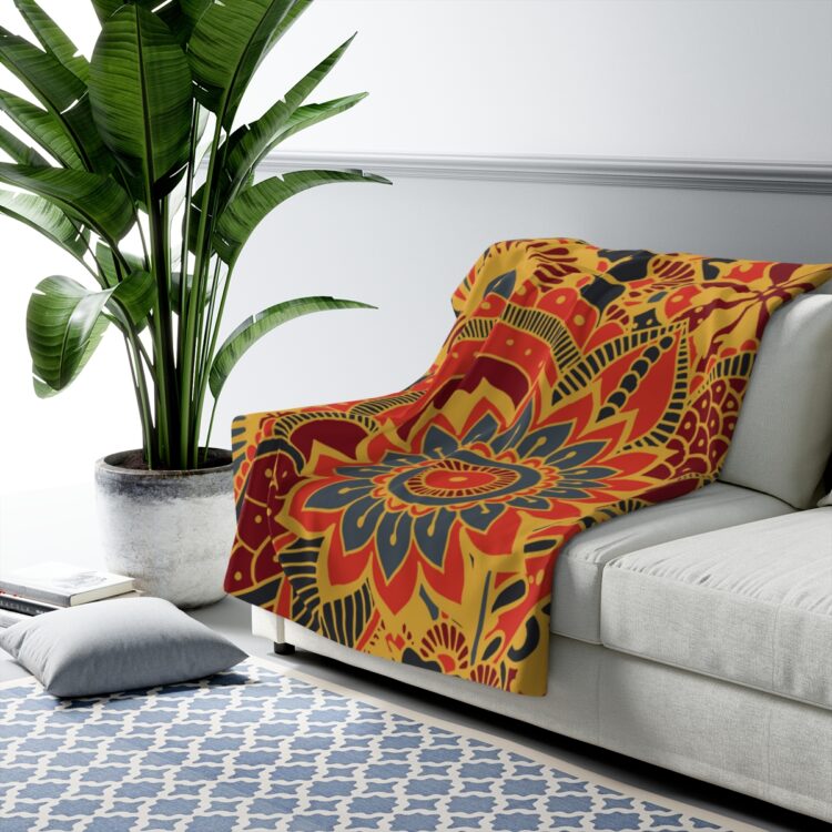 Printed Sherpa Fleece Blanket,  Paisley Sherpa Blanket Combining Blue, Red & Yellow Spring Colors - Image 7