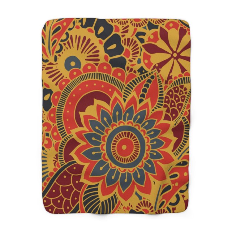 Printed Sherpa Fleece Blanket,  Paisley Sherpa Blanket Combining Blue, Red & Yellow Spring Colors - Image 5