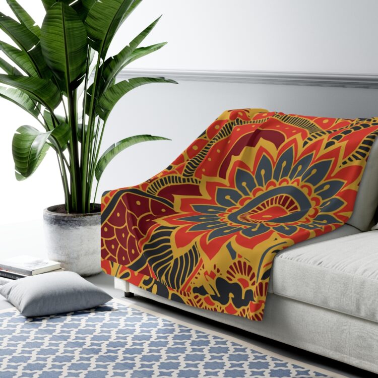 Printed Sherpa Fleece Blanket,  Paisley Sherpa Blanket Combining Blue, Red & Yellow Spring Colors